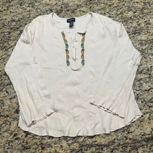 Diagonal Womens 1X Cream Ribbed Cotton Henley Top Floral Embroidered Long Sleeve